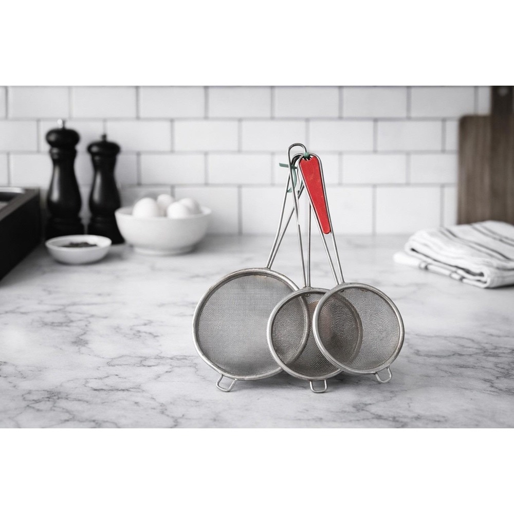 Metal Mesh Strainer Set Lot 3 Mini Sieves Tea Kitchen Tools Red Handle‎ MCM VTG